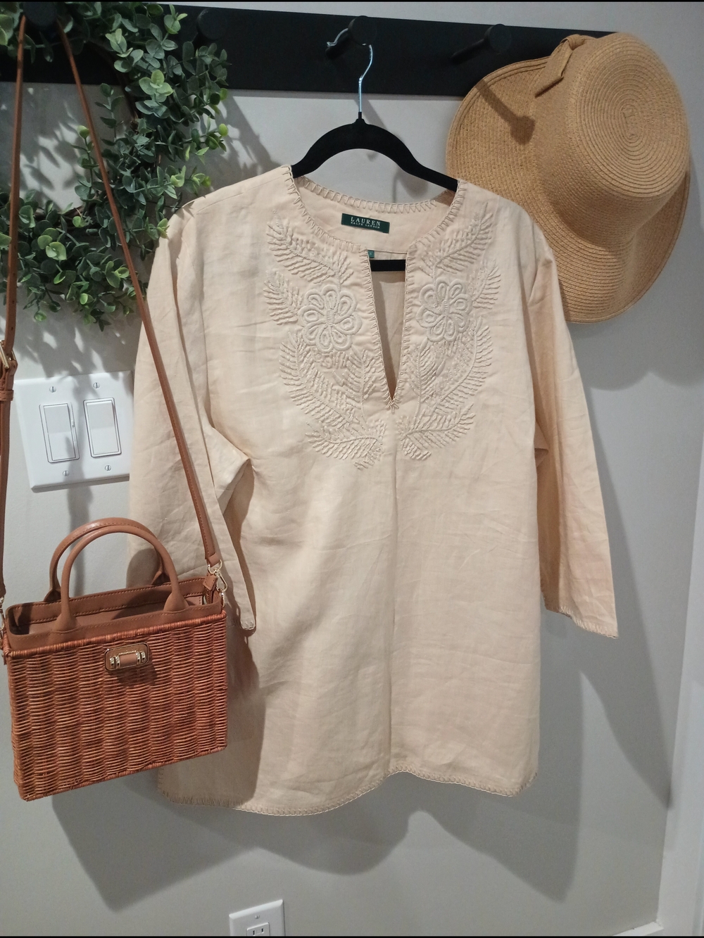 Lauren Ralph Lauren Embroidered Linen Tunic Top-Beige Boho Peasant Blouse